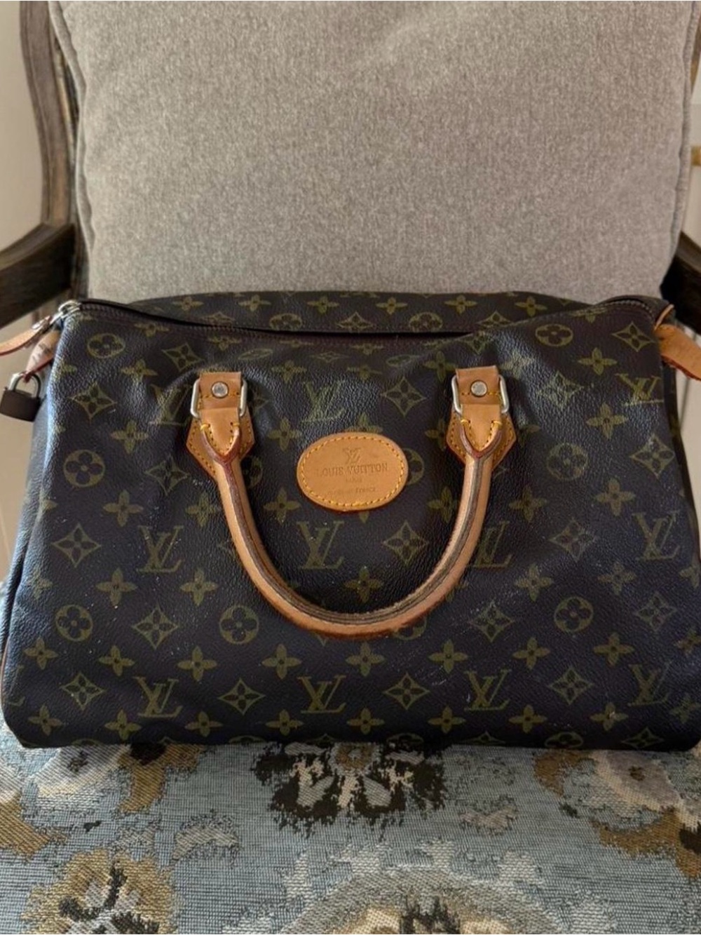 Louis Vuitton Brown Monogram Canvas Satchel with Tan Leather Accents